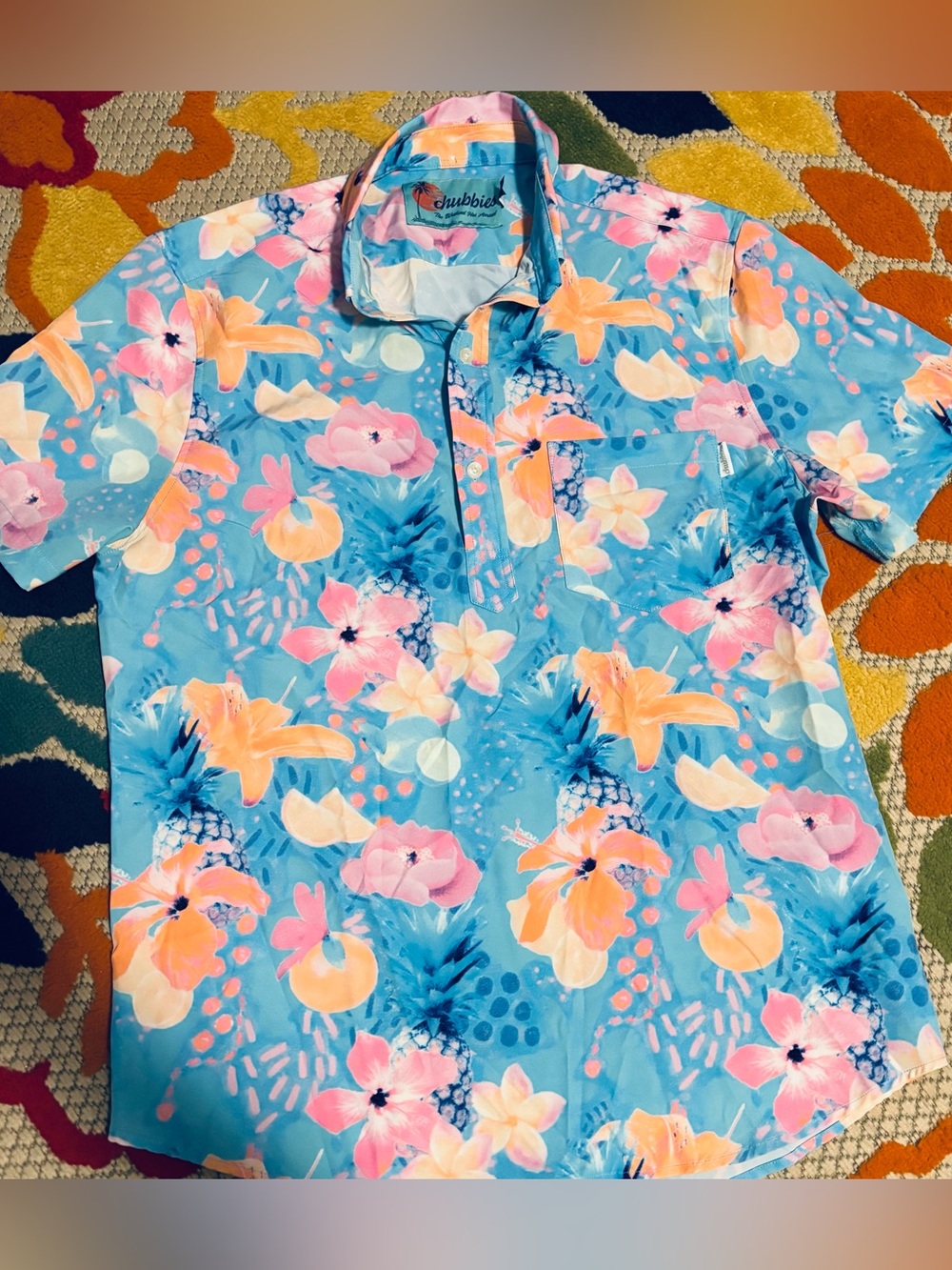 Chubbies Popover Pocket Shirt Medium Stretch Blue Pink Hawaiian RARE! Easter